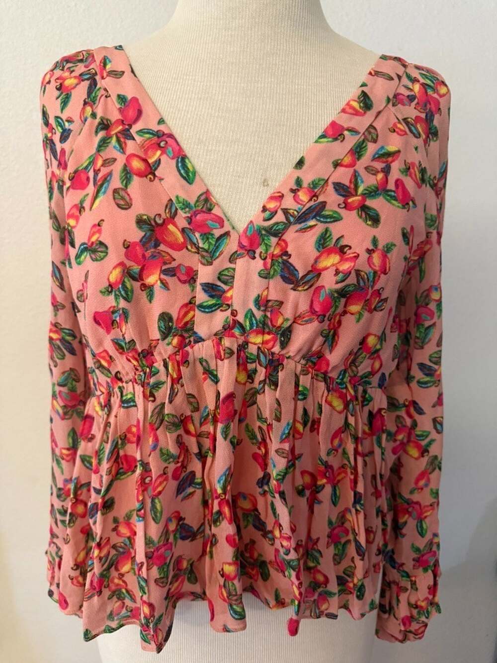 Farm Rio x Anthropologie Pink Fruit Floral Birds Parrot Top Blouse Long Sleeve S